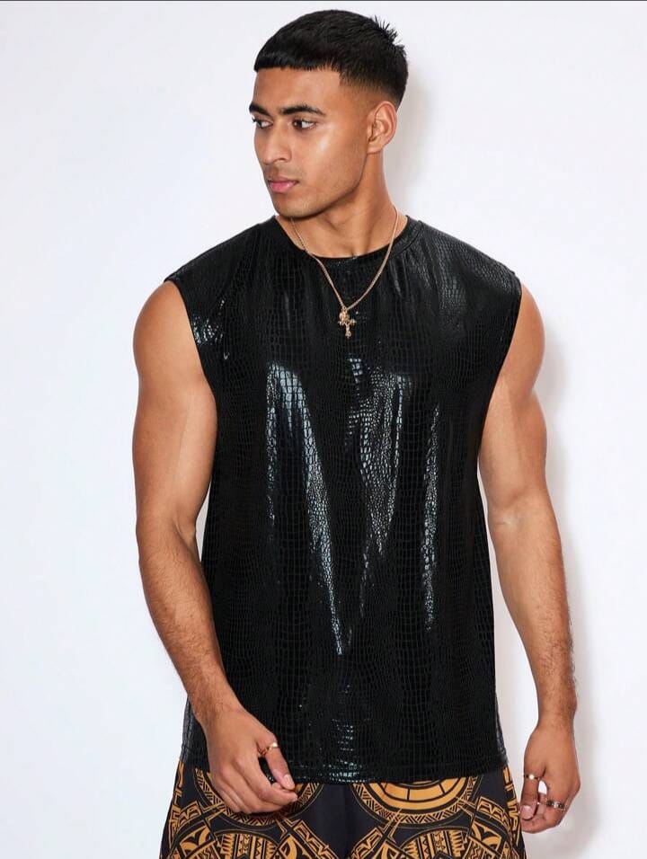 Men's Festival Clothing Knitted Leisure Snake Skin Print Pu Leather Fashion Broad Shoulder Black Plain Disco Sleeveless Tank Top